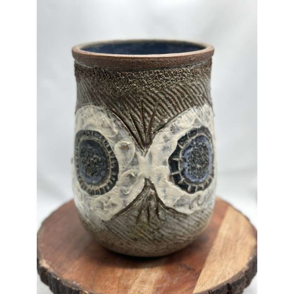 Pottery Vase Vessel Handmade Quirky Owl Eyes Stoneware Signed Beautiful